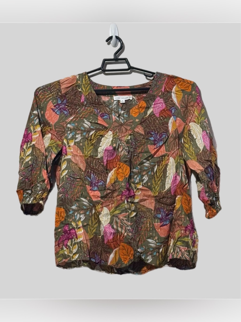 Jane + Delancey Boho Peasant Blouse M Earthy Metallic Shimmer Cottagecore EUC